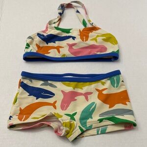 Mini Boden Cream Bikini Set with Multicolor Whale Print and Blue Trim